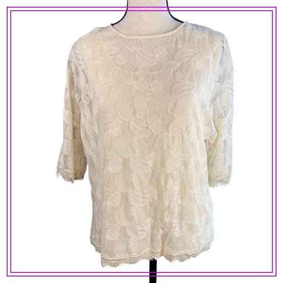 Halston Heritage Tops - NWT Halston Heritage Lace Top Cream 3/4 Sleeve‎ Floral Sheer Elegant Blouse